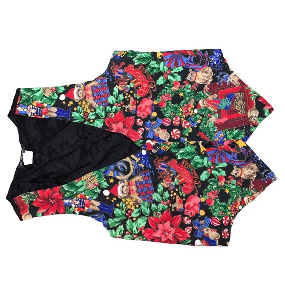 Vintage 111 Main Christmas Vest Medium Festive Holiday Print Waistcoat - Picture 9 of 14